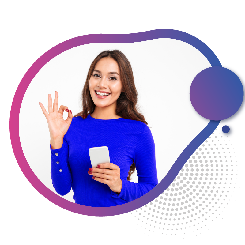 Woman making an OK sign with her right hand while holding a smartphone in her left hand showcasing satisfaction with Australia eSIM prepaid plans from eSIMsStore.